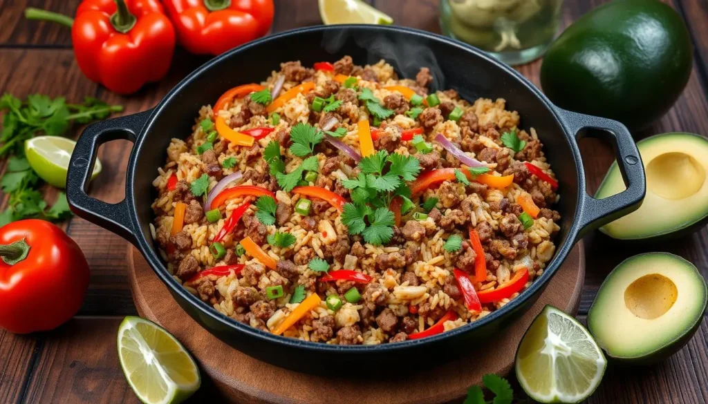 Mexican beef and rice skillet filled with seasoned ground beef