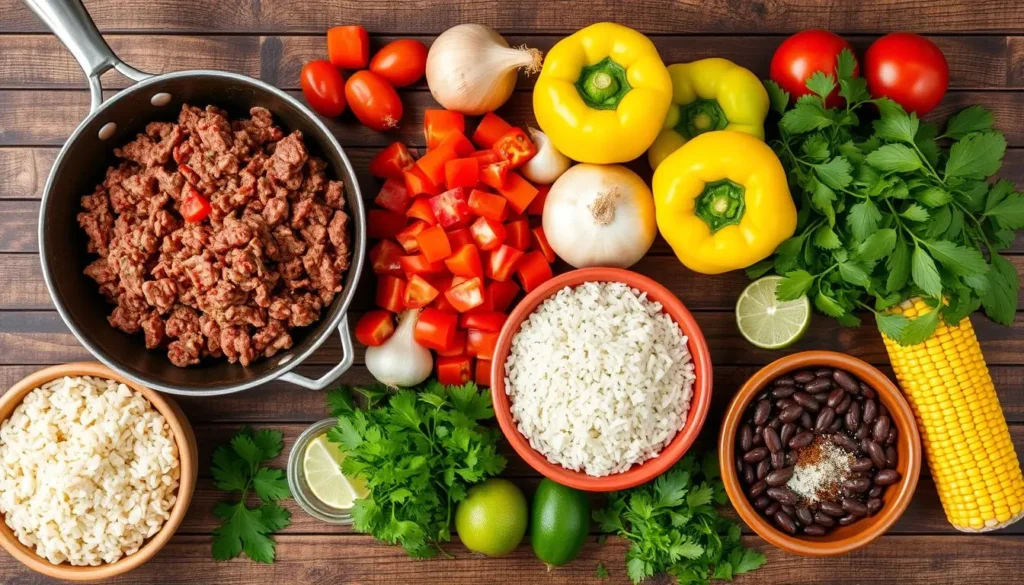 ingredients for a Mexican beef and rice skillet