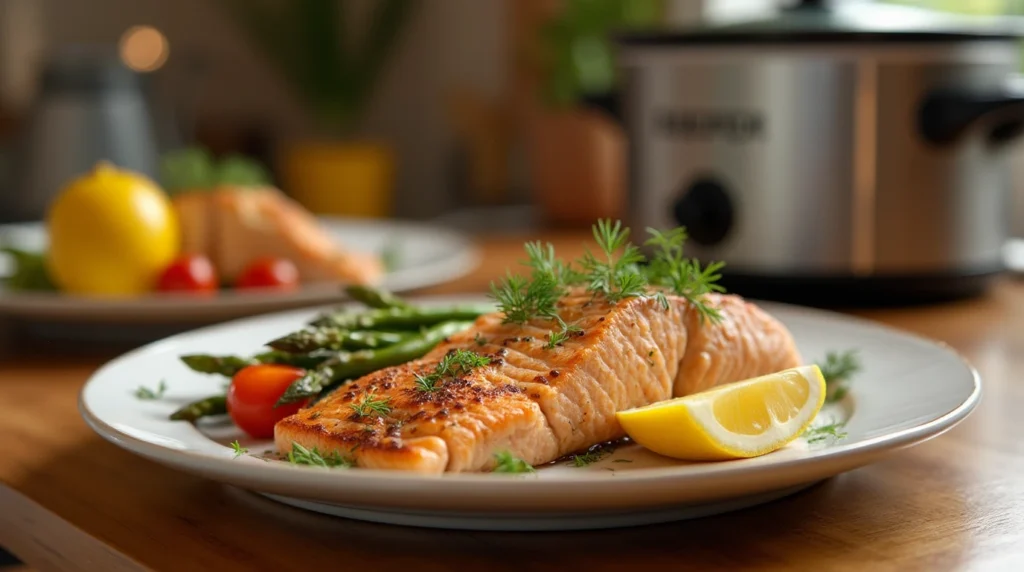 Perfectly cooked slow cooker salmon fillet garnished with fresh dill and lemon slices, served on a white plate with a side of roasted vegetables, set on a wooden countertop with a slow cooker in the background