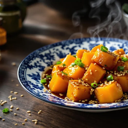 Chinese-style kabocha squash dish featuring tender orange cubes in glossy sauce on traditional blue-and-white porcelain plate, garnished with sesame seeds and green onions, photographed on dark wooden surface with natural lighting