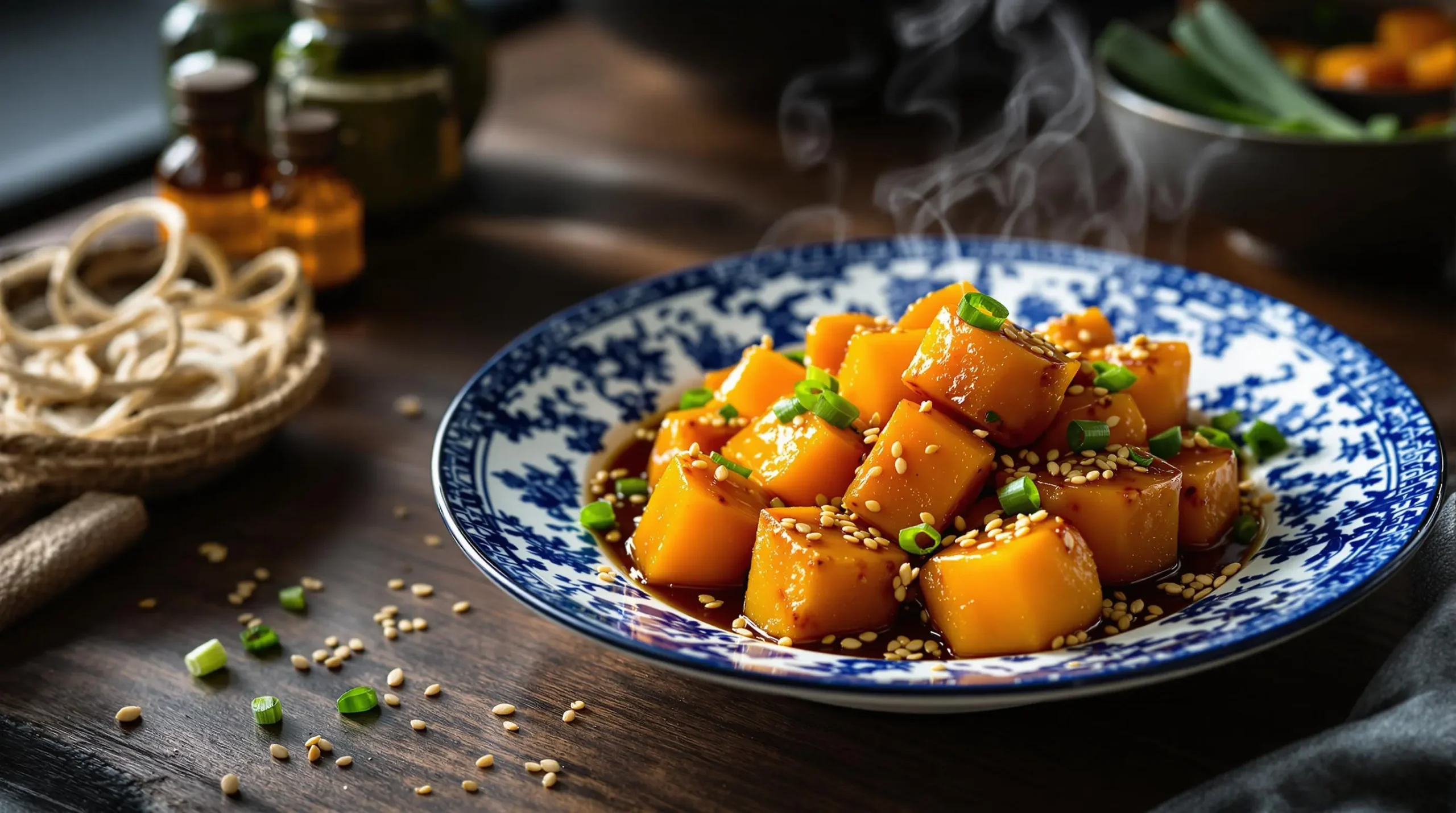 Chinese-style kabocha squash dish featuring tender orange cubes in glossy sauce on traditional blue-and-white porcelain plate, garnished with sesame seeds and green onions, photographed on dark wooden surface with natural lighting