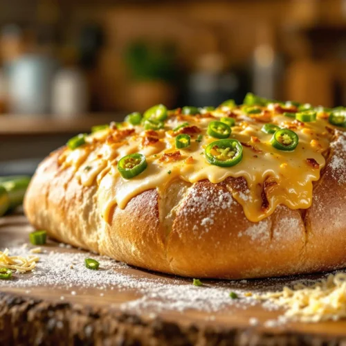 Freshly baked vegan jalapeno cheese artisan bread recipe on a wooden table, topped with melted vegan cheese and sliced jalapeños, surrounded by ingredients like flour, jalapeños, and a bowl of vegan cheese.