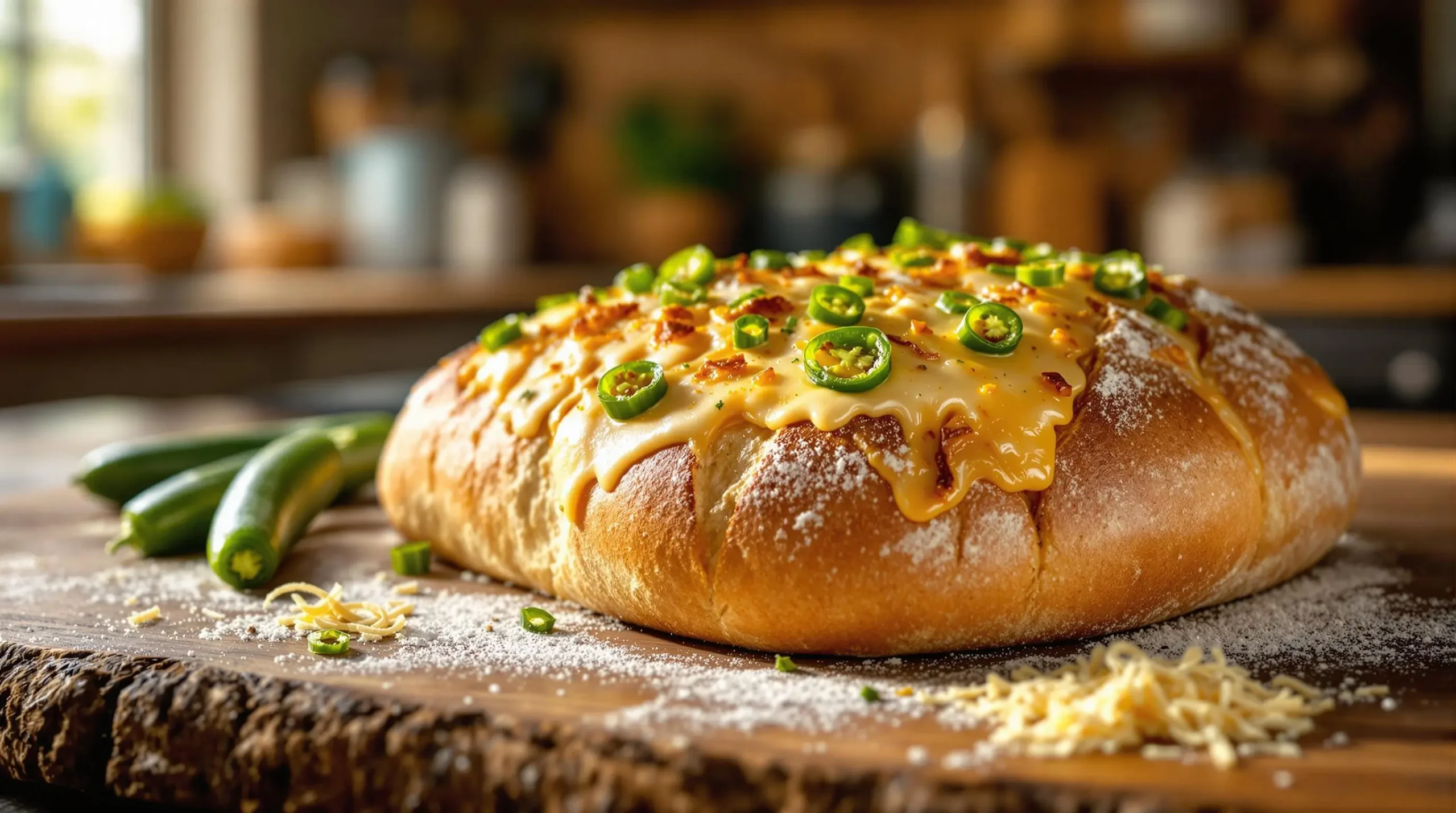 Freshly baked vegan jalapeno cheese artisan bread recipe on a wooden table, topped with melted vegan cheese and sliced jalapeños, surrounded by ingredients like flour, jalapeños, and a bowl of vegan cheese.