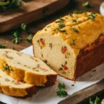 Freshly baked egg loaf vegan recipe garnished with herbs, sliced to reveal a soft texture with colorful vegetables inside, placed on parchment paper on a wooden cutting board, surrounded by parsley and a bowl of vegan butter