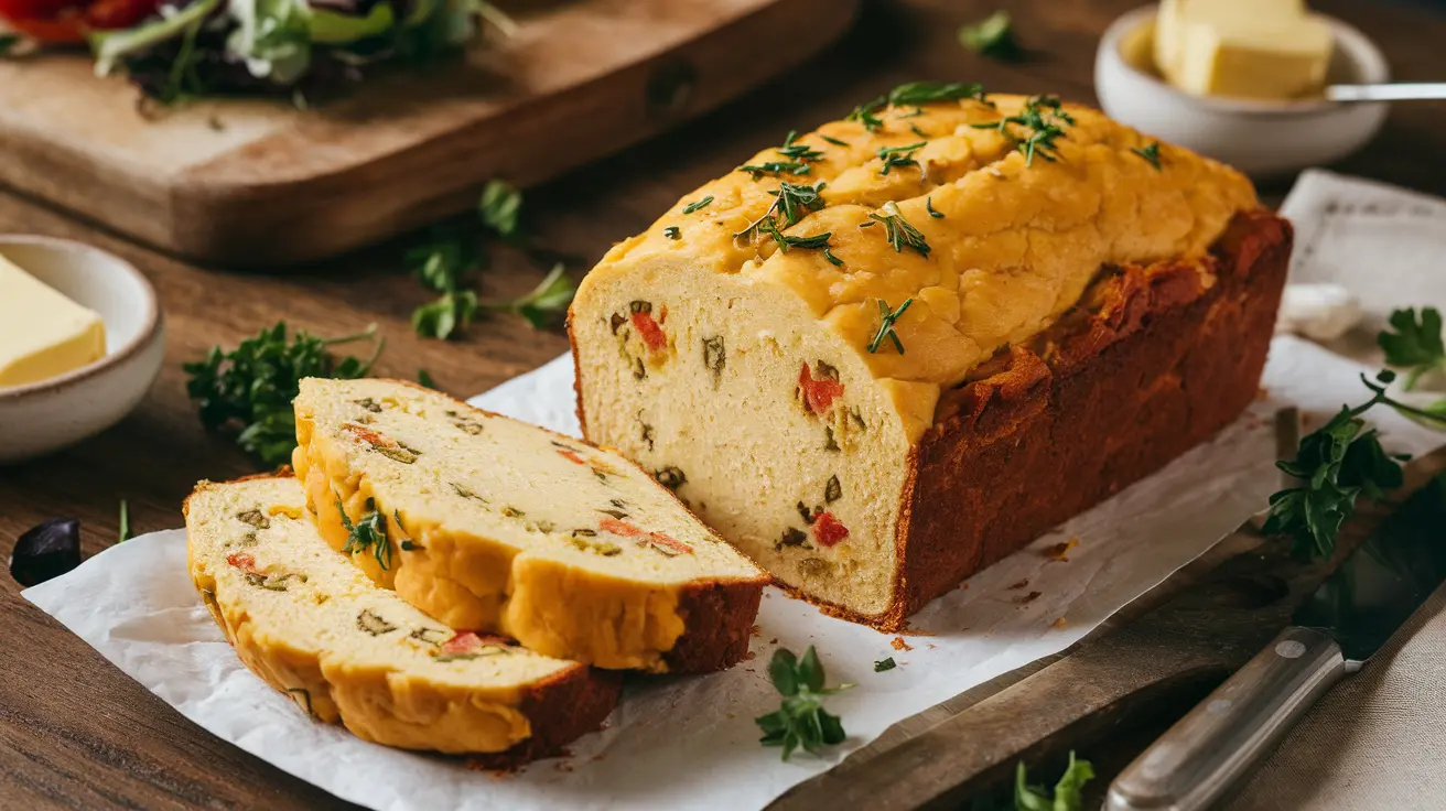 Freshly baked egg loaf vegan recipe garnished with herbs, sliced to reveal a soft texture with colorful vegetables inside, placed on parchment paper on a wooden cutting board, surrounded by parsley and a bowl of vegan butter