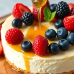 Healthy cheesecake recipe with berries on a wooden plate.