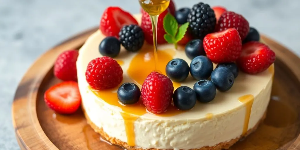 Healthy cheesecake recipe with berries on a wooden plate.